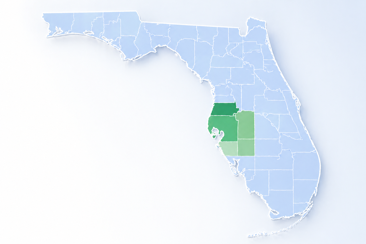 Florida map highlighting Hillsborough, Polk, Hardee, and Manatee service-area counties